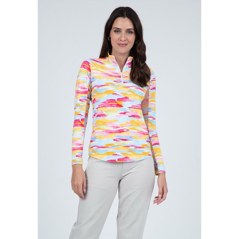 New IBKUL Jessie Watermelon‎ Long Sleeve Mock Golf Shirt Mesh 1/4 Zip UPF 50 XS